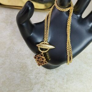 LOEWE Anagram Gold Tone Curb Chain Toggle Necklace - Signature Logo Pendant